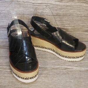 Vince Camuto Black Embossed Straps Espadrilles Platforms Women's Shoes Size 7.5